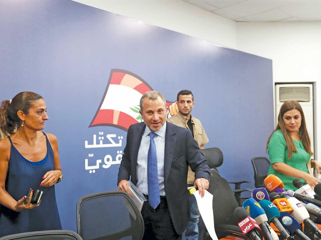 باسيل متحدثاً في مؤتمر صحافي في بيروت أمس (رويترز)