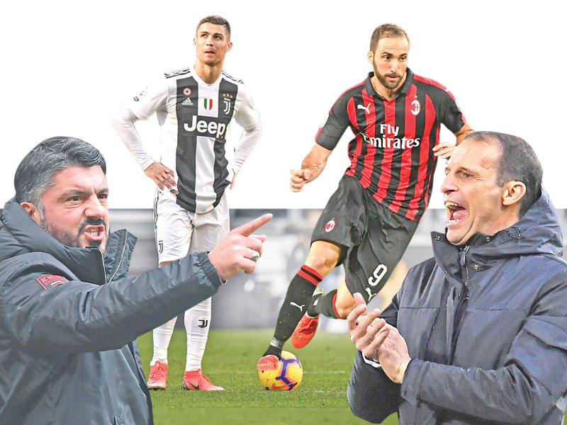 أليغري مدرب يوفنتوس و هيغواين نجم الميلان و رونالدو نجم اليوفي و غاتوزو مدرب ميلانn