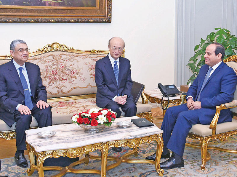السيسي مستقبلاً المدير العام لوكالة الطاقة الذرية يوكيا أمانو بحضور وزير الكهرباءمحمد شاكر أمس الأول بقصر الاتحادية في القاهرةt  (أ ف ب)