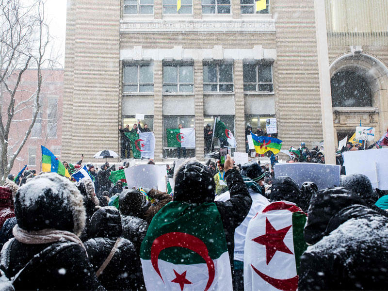 جزائريون يتظاهرون ضد بوتفليقة في مونتريال بكندا أمس الأولt(أ ف ب)