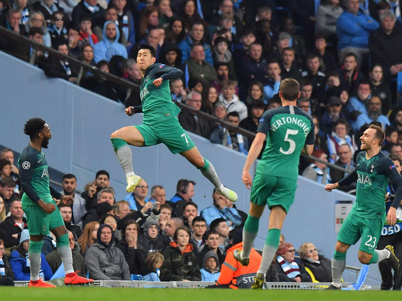 هيونغ مين نجم توتنهام يحتفل بهدفه الأول في مرمى مانشستر سيتي