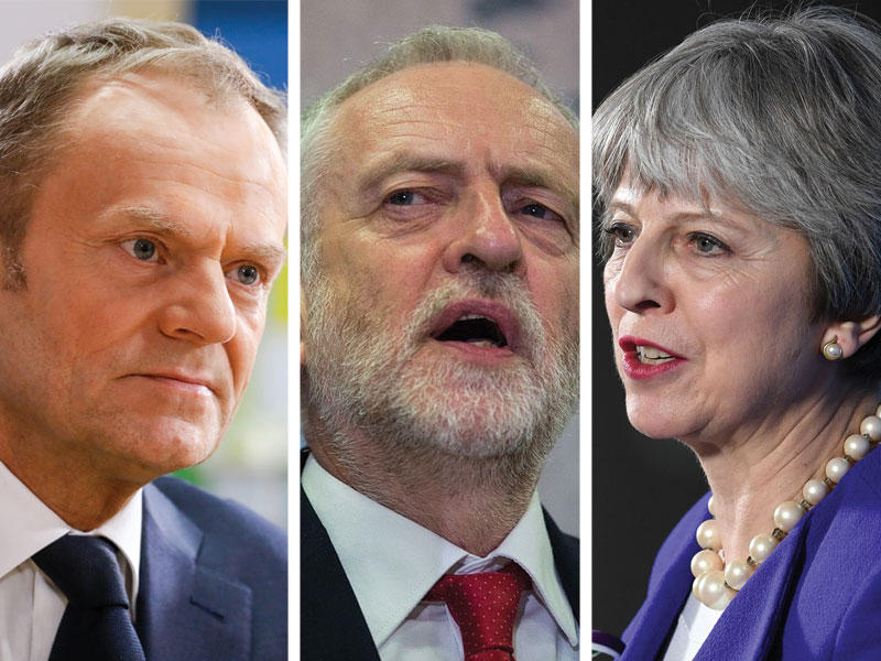 تيريزا ماي و جيريمي كوربن و دونالد تاسك