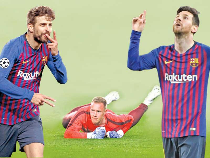 ميسي و شتيغن حارس مرمى برشلونة و بيكيه