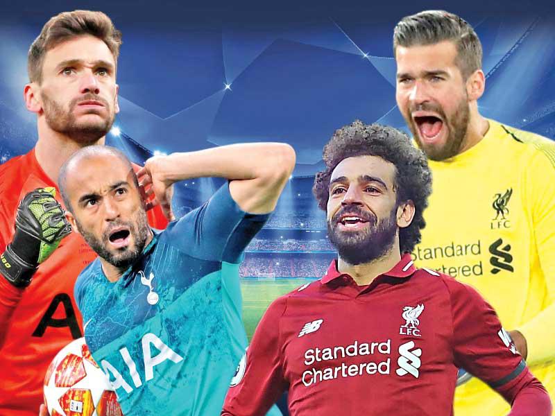 اليسون حارس مرمى ليفربول و صلاح نجم ليفربول و لوكاس مورا نجم توتنهام و لوريس حارس مرمى توتنهام