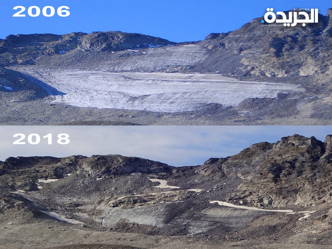  الفرق بين الكتل الجليدية فوق قمة بيتسول بجبال الالب في عام 2006 و 2018 