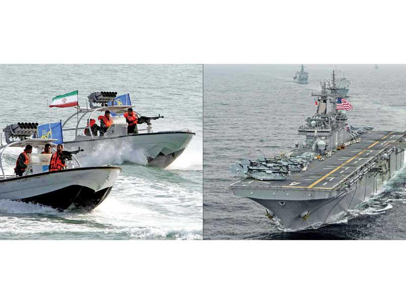قوارب الحرس الثوري وبارجة أميركية في صورة مركّبة   (أ ف ب)
