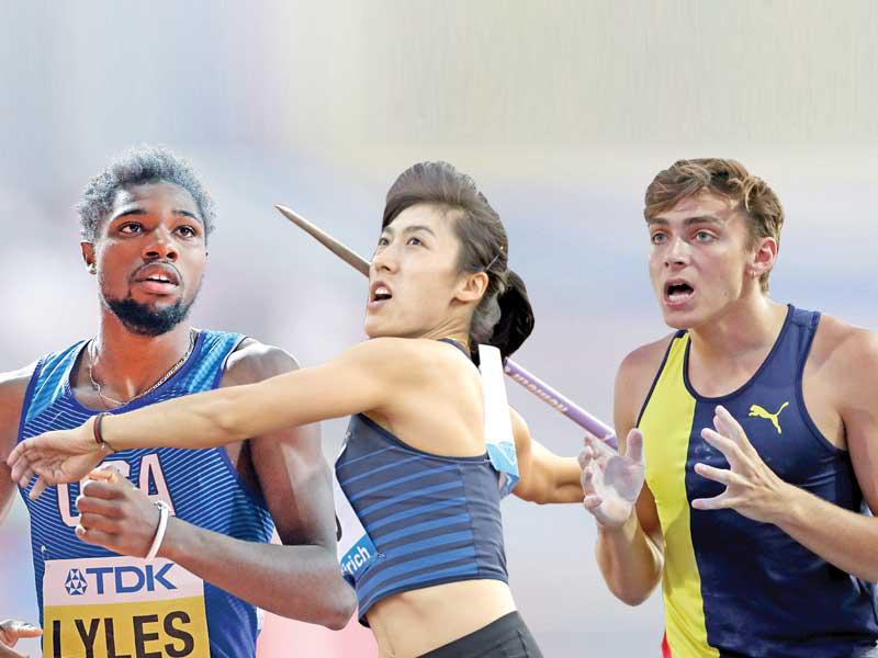 من يمين الصورة السويدي موندو دولانتيس المشارك في مسابقة القفز بالزانة و الصينية ليو هوي هوي المنافسة في مسابقة رمي الرمح و العداء الأميركي لايلز