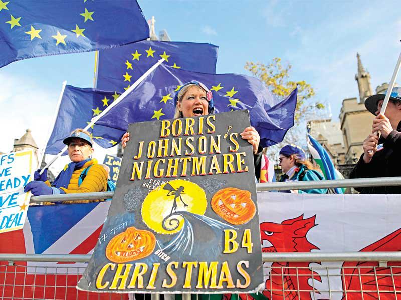 مناهضة لـ«بريكست» ترفع لافتة كتب عليها «جونسون كابوس» (أ ف ب)