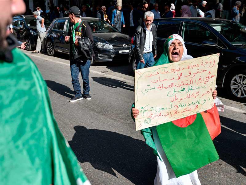 امرأة جزائرية ترتدي العلم الوطني تحمل لافتة عليها شعارات تدعو إلى احترام حقوق الإنسان