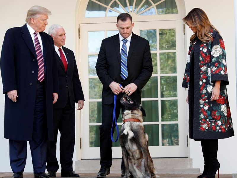 ترامب وزوجته ميلانيا مع نائبه مايك بنس بعد تكريم الكلب «كونان» في حديقة البيت الأبيض أمس الأول (رويترز)