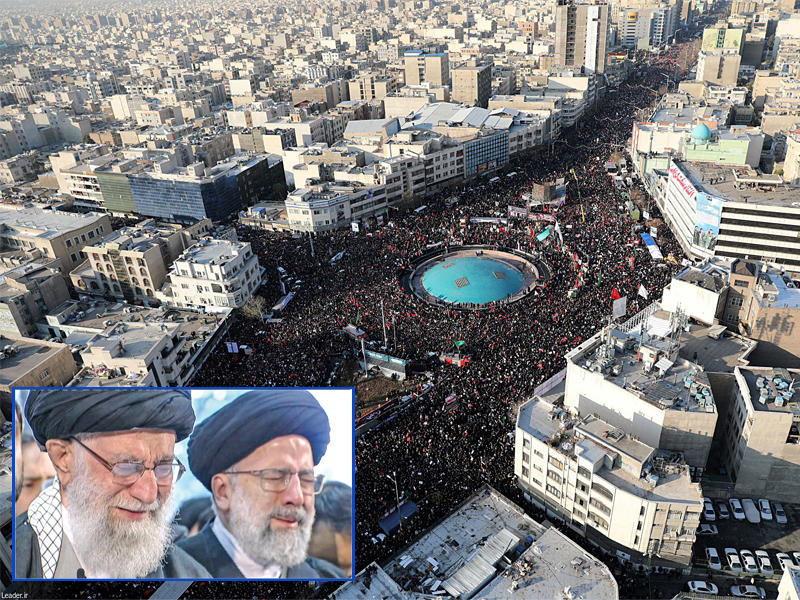 الآلاف خلال وداع سليماني في طهران ( رويترز) وفي إطار الصورة خامنئي باكياً خلال مشاركته في تشييع سليماني في طهران أمس (أ ف ب)