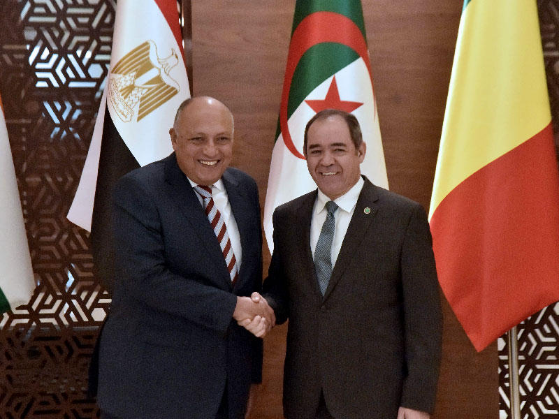 وزير الخارجية المصري سامح شكري  يصافح نظيره الجزائري صبري بوكادوم في الجزائر العاصمة خلال اجتماع وزاري