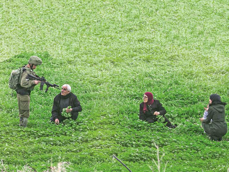 جندي إسرائيلي يوجه سلاحه لمزارعين بغور الأردن أمسt (أ ف ب)