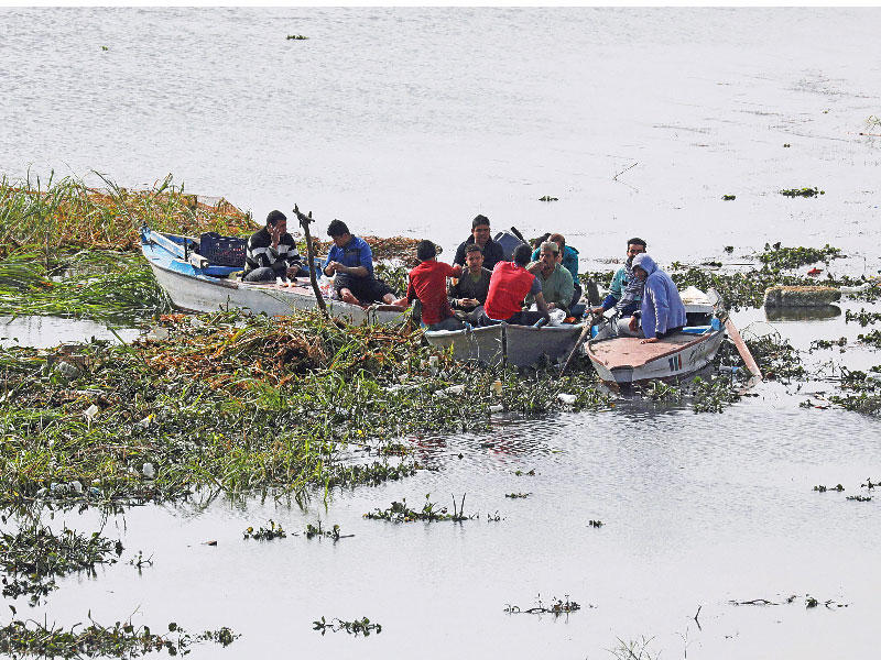 صيادو سمك في نهر النيل في منطقة شبرا الخيمة (رويترز)