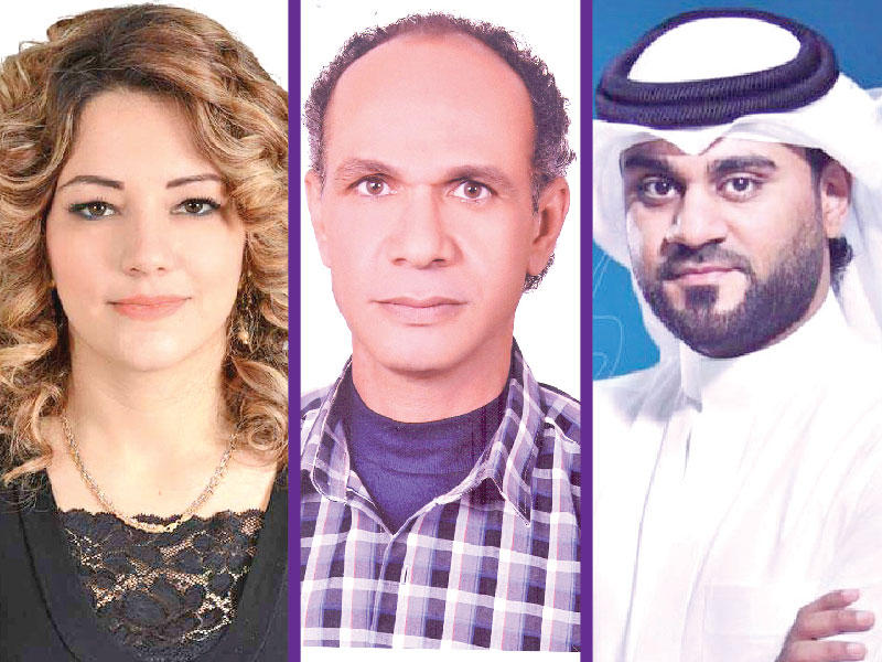 من يمين الصورة الشاعر علي حسن والشاعر عبدالله الشوربجي والشاعرة إباء الخطيب