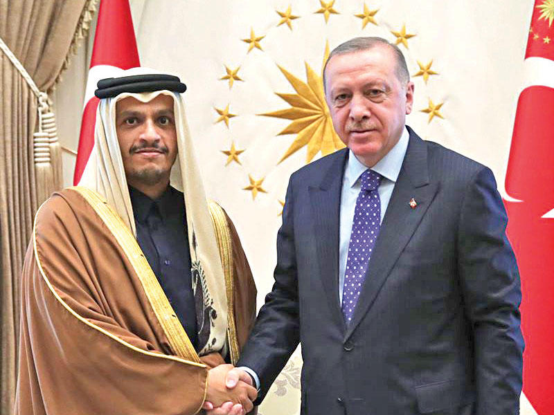الرئيس التركي رجب طيب إردوغان مع وزير الخارجية القطري الشيخ محمد بن عبدالرحمن 