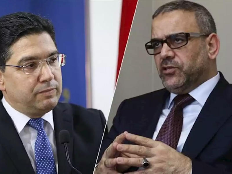 من يمين الصورة رئيس المجلس الأعلى للدولة الليبي خالد المشري و وزير الخارجية المغربي ناصر بوريطة