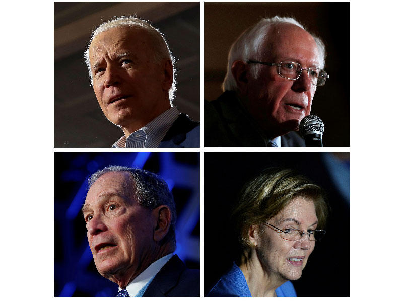 صورة تجمع  بايدن وساندرز مع بلومبرغ ووارن (رويترز)
