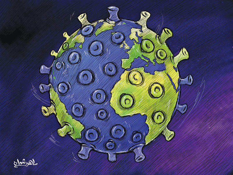 كاريكاتير للكرة الرضية علي شكل فيروس كورونا المستجد  (للزميل ماهر رشوان  18/3/2020)