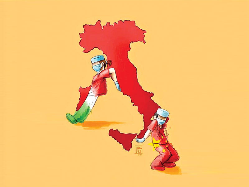 كاريكاتير رسمته شابة إيطالية واحتفت به وسائل إعلام صينية يظهر تعاون بكين وروما في مواجهة كورونا   