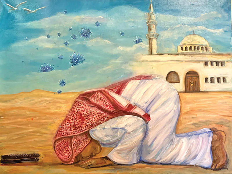 لوحة ابتسام العصفور بعنوان « صلوا في رحالكم»