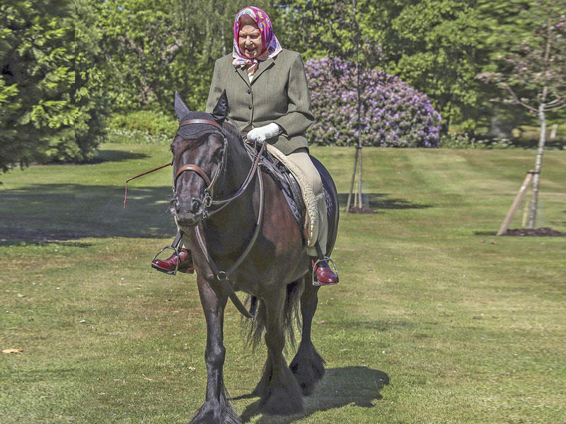 ملكة بريطانيا إليزابيث الثانية تمتطي حصاناً في قلعة وندسور