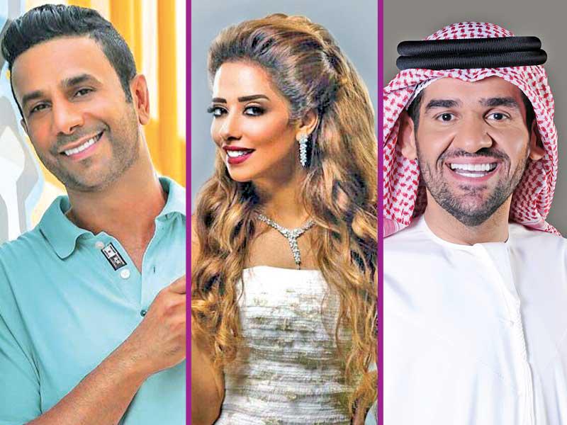 من يمين الصورة المطرب حسين الجسمي والمطربة بلقيس والملحن فايز السعيد