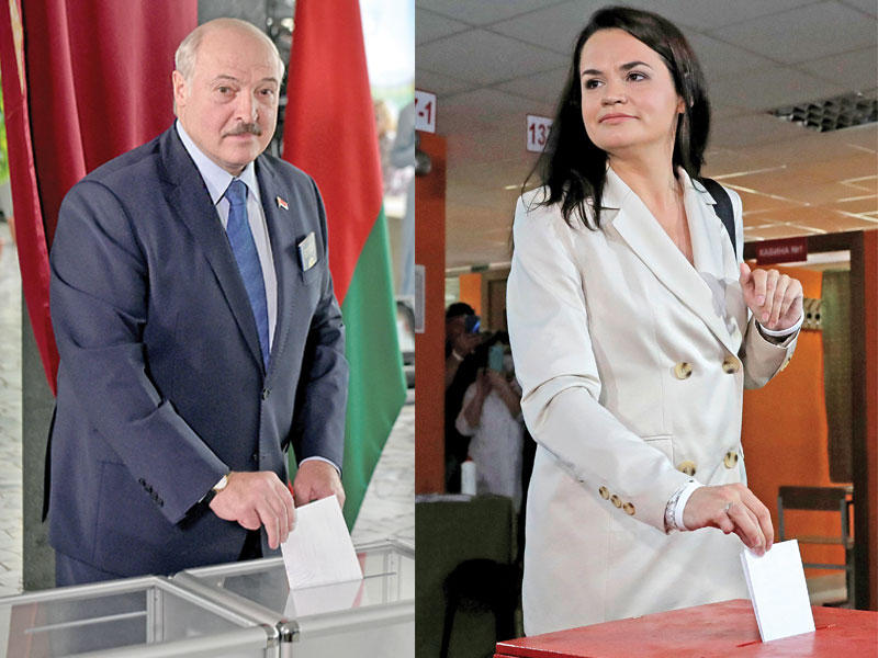 تيكانوفسكايا تدلي بصوتها - الرئيس لوكاشينكو مدلياً بصوته في مينسك أمس (رويترز)