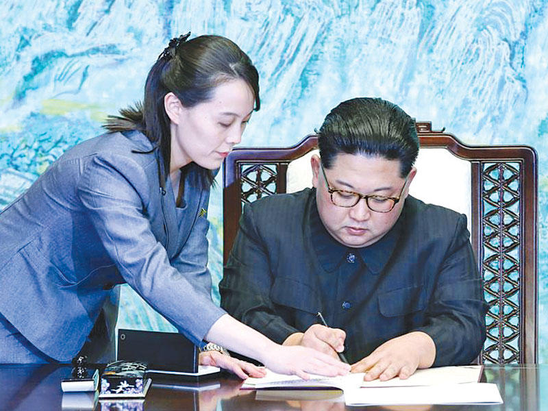 زعيم كوريا الشمالية كيم جونغ أون مع شقيقته كيم يو جونغ