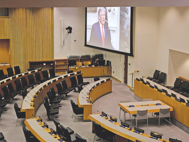 قاعة الأمم المتحدة فارغة خلال كلمة ترامب المسجلة أمس (رويترز)