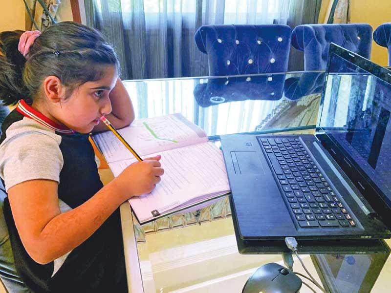 تلميذة تتابع دروسها «أونلاين»
