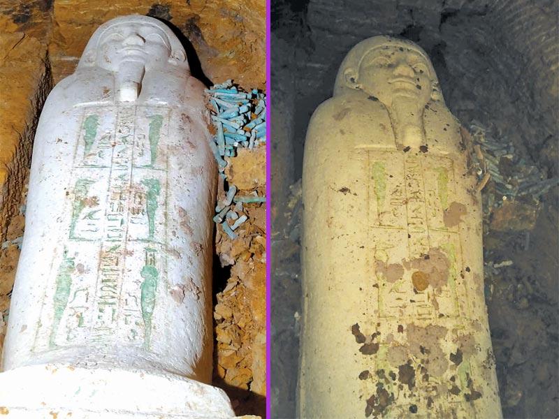 التابوت المكتشف والتابوت ويبدو عليه مناظر لأولاد حورس