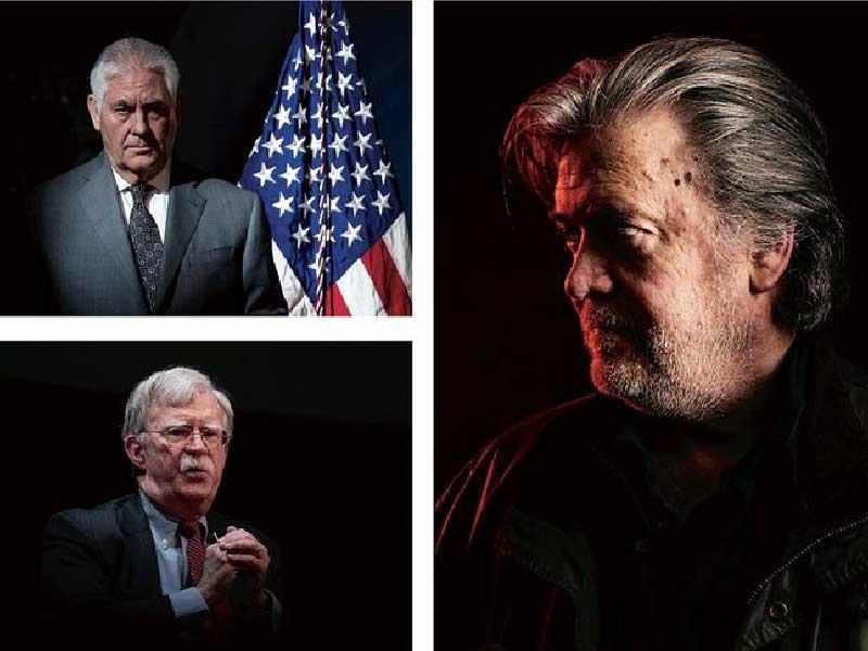 من يمين الصورة ستيف بانون وريكس تيليرسون وجون بولتون