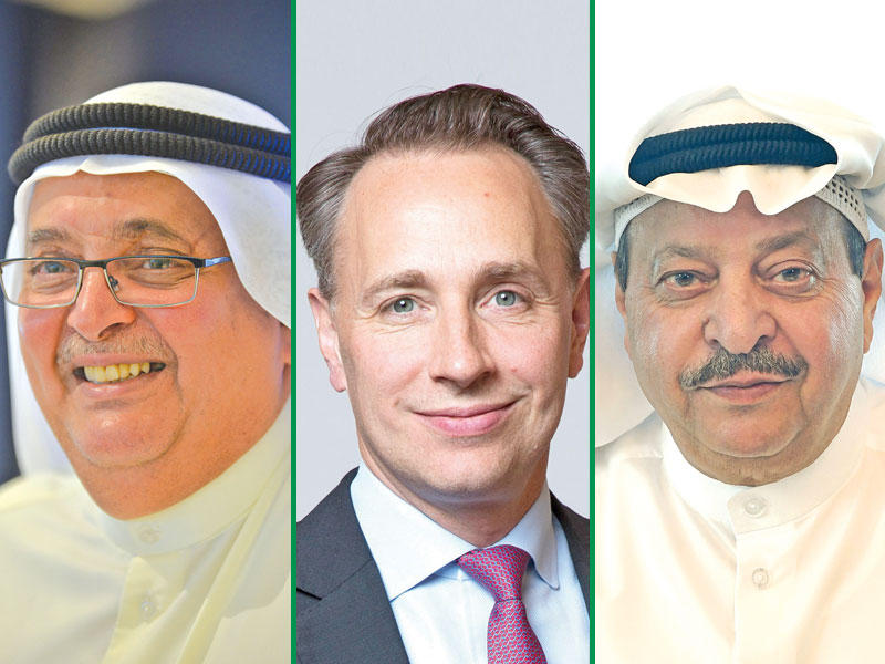 الرئيس التنفيذي لمجموعة الخليج للتأمين خالد الحسن - الرئيس التنفيذي لشركة AXA توماس بوبرل - نائب رئيس مجلس الإدارة التنفيذي في شركة مشاريع الكويت القابضة فيصل العيار