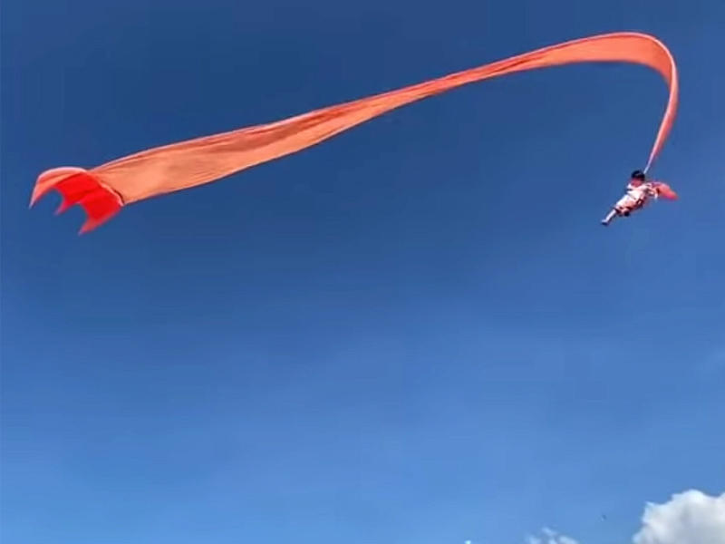 صورة من مقطع الفيديو يظهر سحب الطائرة الورقية للطفل عاليا في الهواء