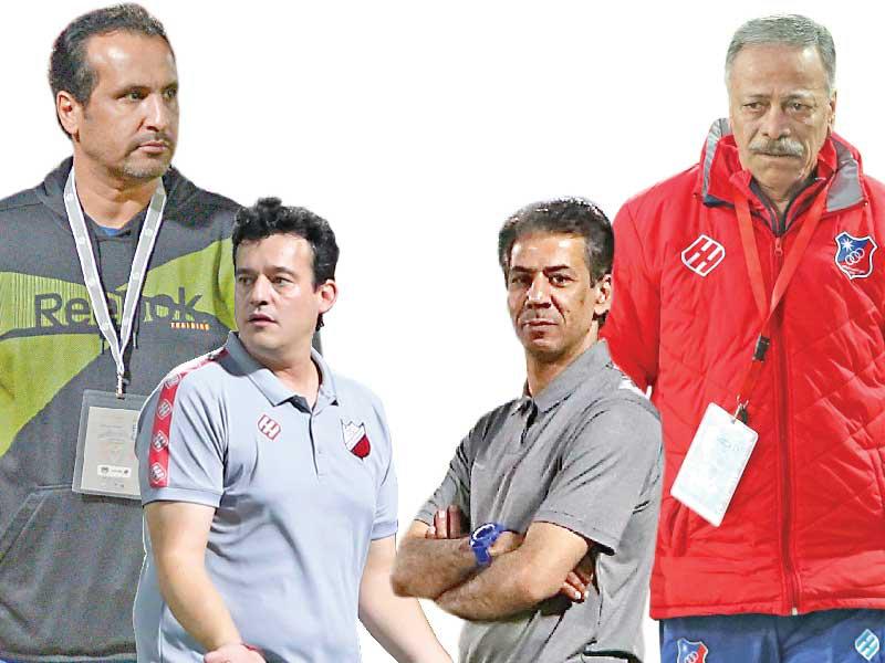 مدرب الأبيض محمد عبدالله- مدرب النصر أحمد عبدالكريم- المدرب الإسباني خوسيه-ظاهر العدواني