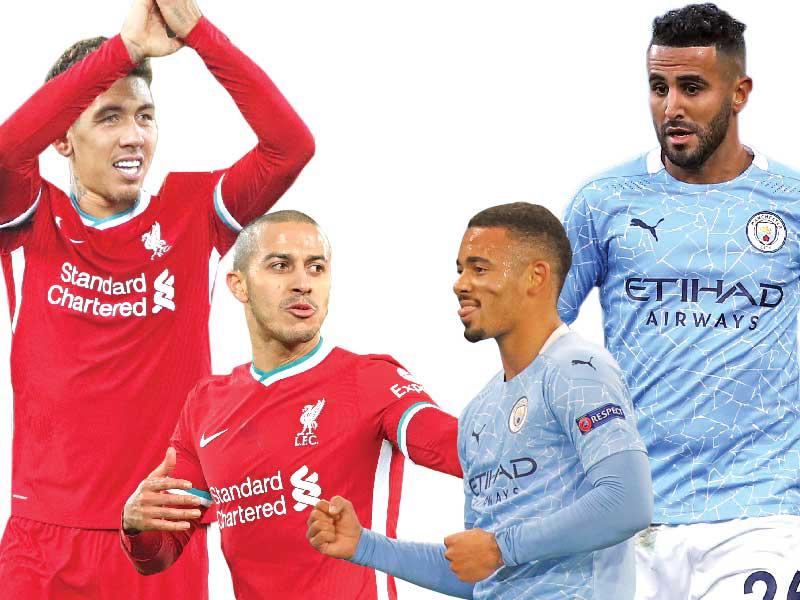 لاعبا مانشستر سيتي رياض محرز وغابرييل جيزوس-لاعبا ليفربول تياغو ألكانتارا وفيرمينيو