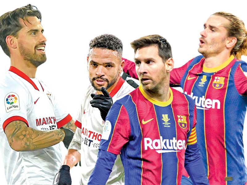 لاعبا نادي برشلونة غريزمان وميسي-لاعبا اشبيليه يوسف النصيري وسوسو