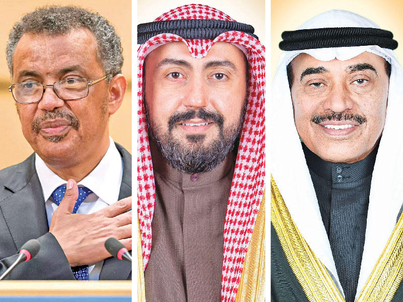 رئيس مجلس الوزراء سمو الشيخ صباح الخالد -  وزير الصحة د. باسل الصباح - المدير العام لمنظمة الصحة العالمية د. تيدروس غيبريسوس 