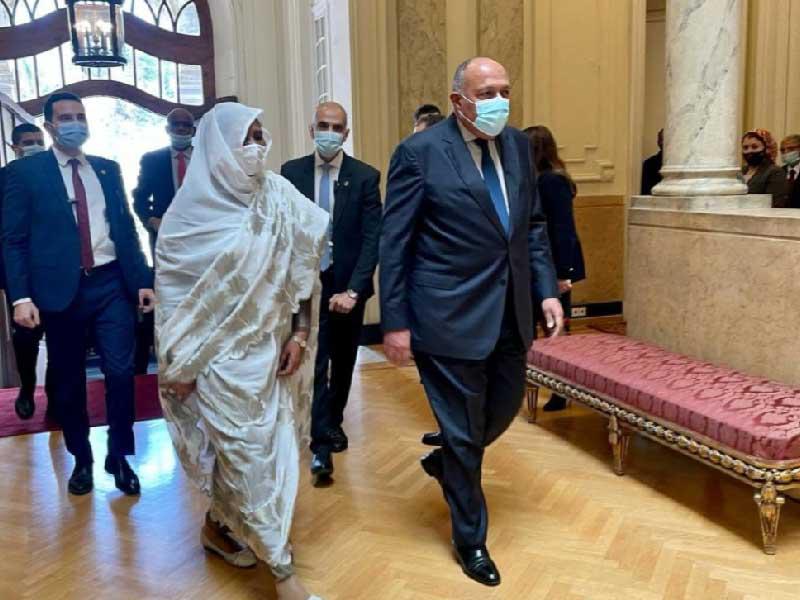 وزير الخارجية المصري سامح شكري مستقبلاً وزيرة الخارجية السودانية مريم الصادق المهدي في القاهرة أمس (مجلس الوزراء)