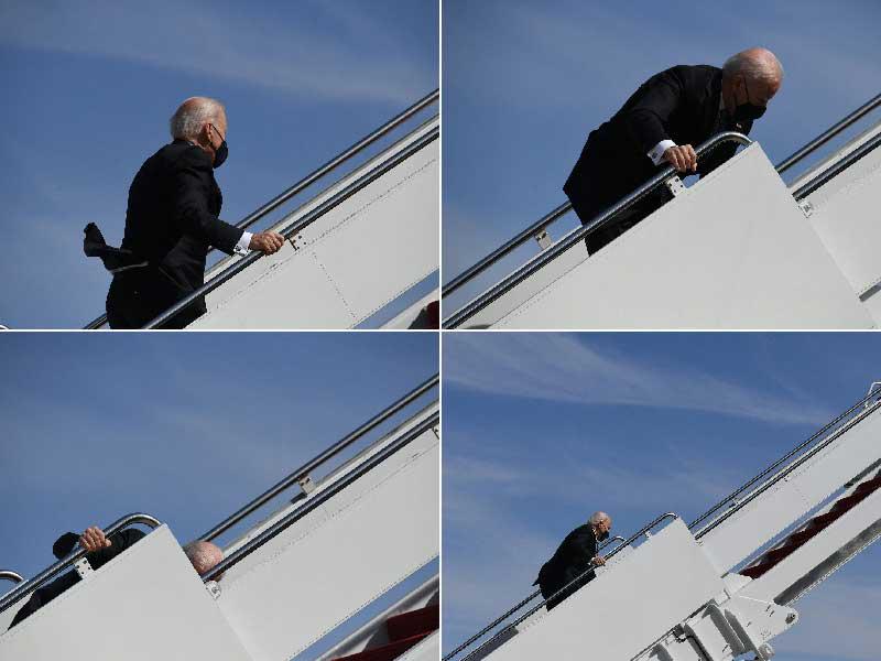  الرئيس الأميركي جو بايدن خلال تعثره على سلم الطائرة