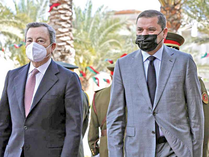 رئيس الوزراء الإيطالي ماريو دراغي مع رئيس الحكومة الليبية الجديدة عبدالحميد الدبيبة