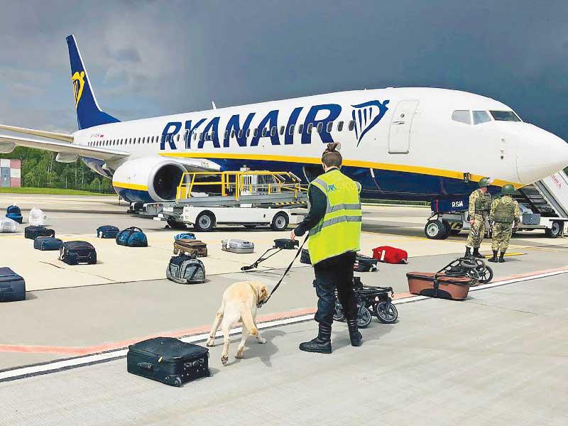 كلب بوليسي يشمّ أمتعة ركاب الطائرة التي أجبرت على الهبوط في مطار مينسك أمس الأول  (أ ف ب)