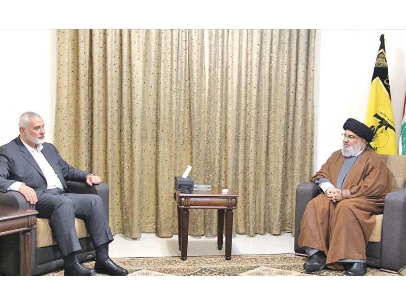  رئيس المكتب السياسي لحركة حماس، إسماعيل هنية، مع الأمين العام لحزب الله، حسن نصرالله