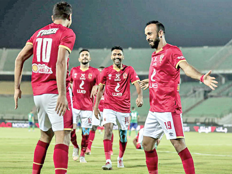 احتفال لاعبي الأهلي بالهدف الرابع في مرمى المقاصة