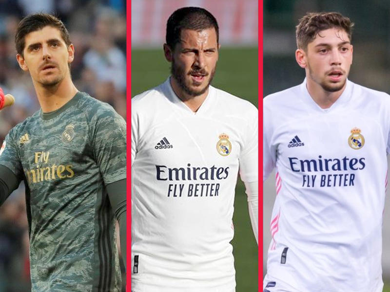 لاعبو ريال مدريد الأوروغواياني فيدي فالفيردي والبلجيكيين إيدن هازارد وتيبو كورتوا