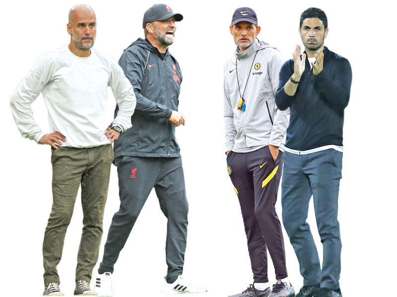 مدرب الفريق أرسنال أرتيتا - مدرب البلوز توخيل - مدرب ليفربول كلوب - مدرب مانشستر سيتي غوارديولا