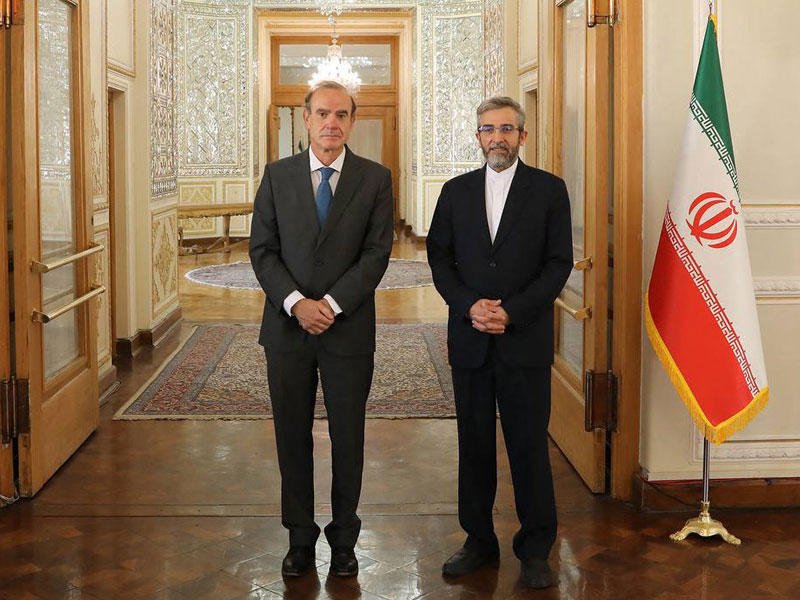 مساعد وزير الخارجية الإيراني مستقبلا المنسق الأوروبي للمفاوضات بشأن الاتفاق النووي في طهران أمس (رويترز)