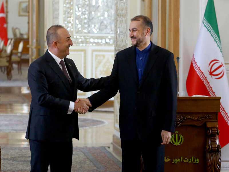 عبداللهيان مصافحاً جاويش أوغلو خلال استقباله في طهران أمس   (إرنا)