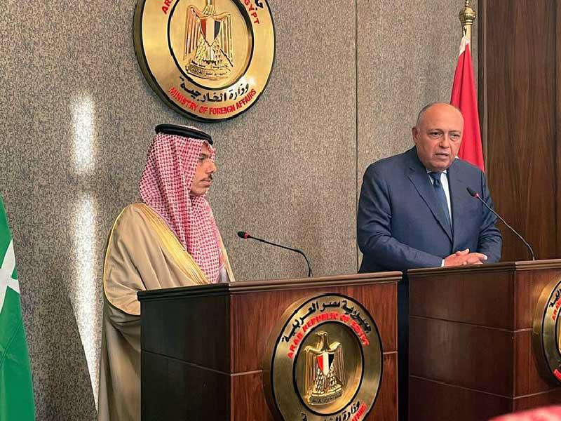 شكري وبن فرحان في المؤتمر الصحافي بالقاهرة أمس  